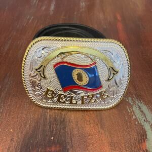 Pewter Leather Belt by Boston Leather & Buckle National Flag of Belize